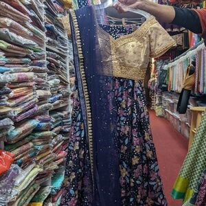 Stunning Navy Lehenga with Beaded Gold Top